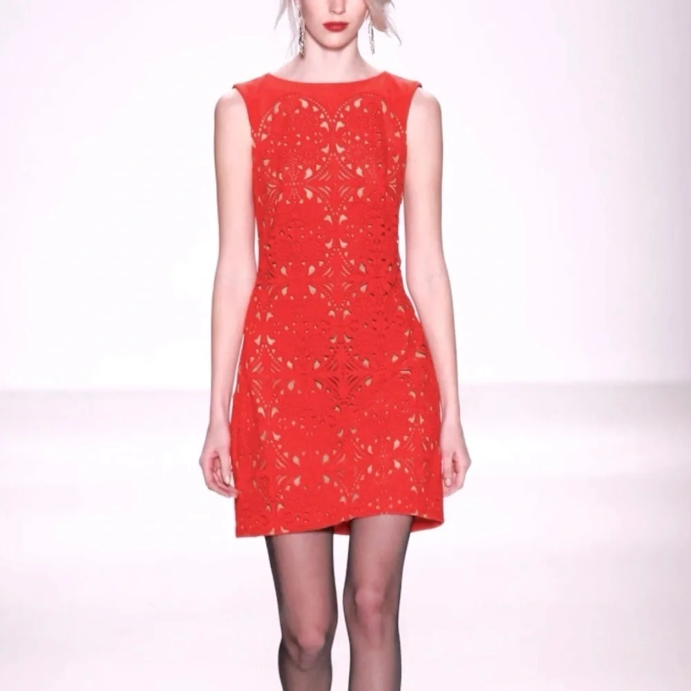 Tadashi Shoji Red Laser Cut Suede Sheath Knee Length Dress Size medium - Picture 4 of 16